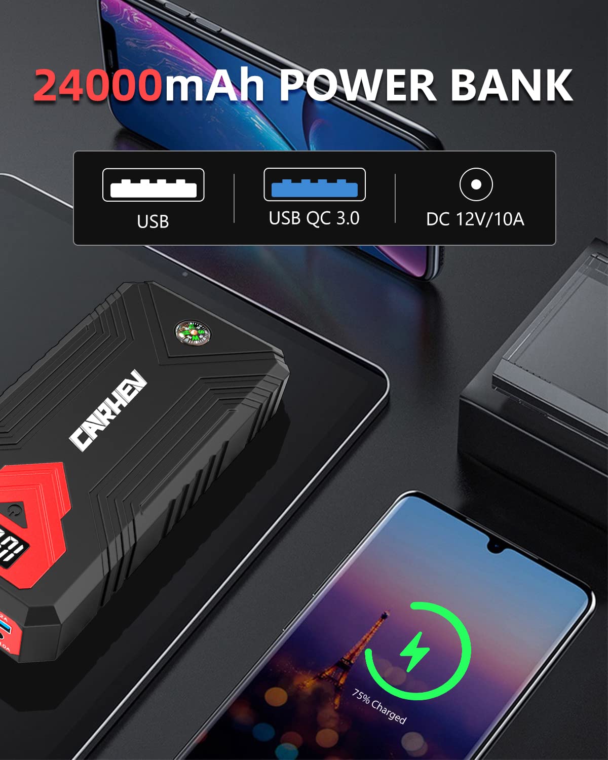 3000A 24000mAh 12V Jump Starter with LED Light and USB QC 3.0 S9821