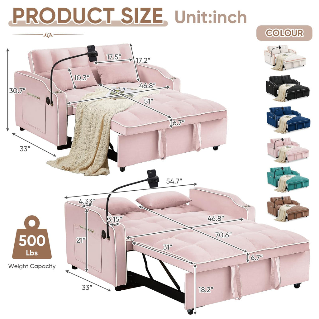 Pink Velvet Convertible Sleeper Sofa Bed U104819