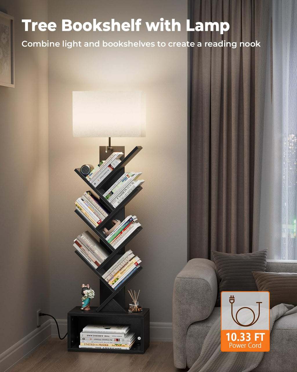 6 Tier Tree Bookshelf with Light, Black A5276