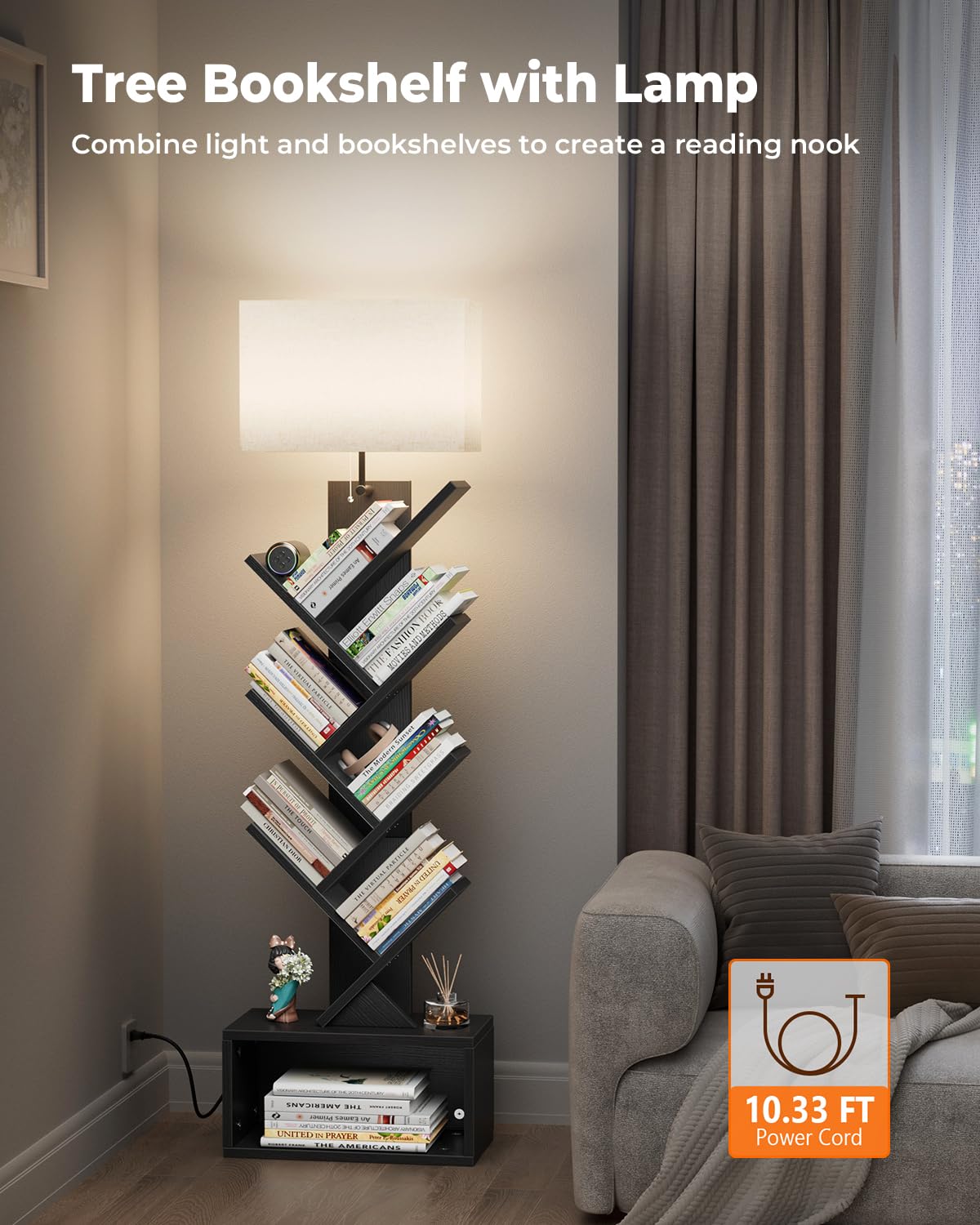 6 Tier Tree Bookshelf with Light, Black A5276