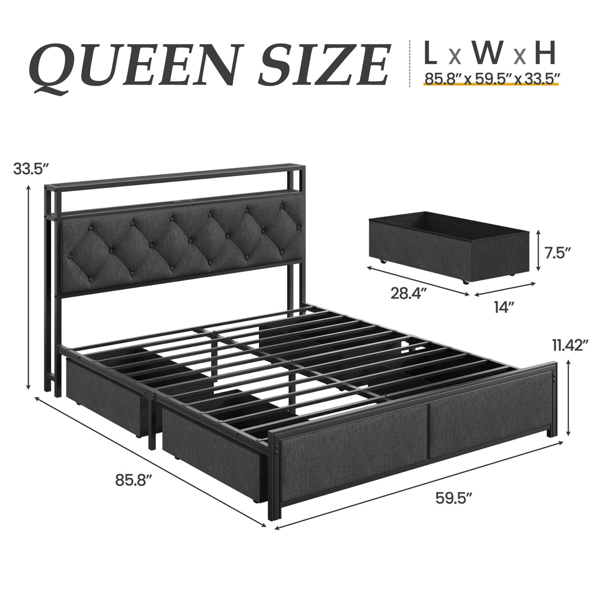 Queen Size Upholstered Bed Frame with 4 Drawers and Storage Headboard Y830892