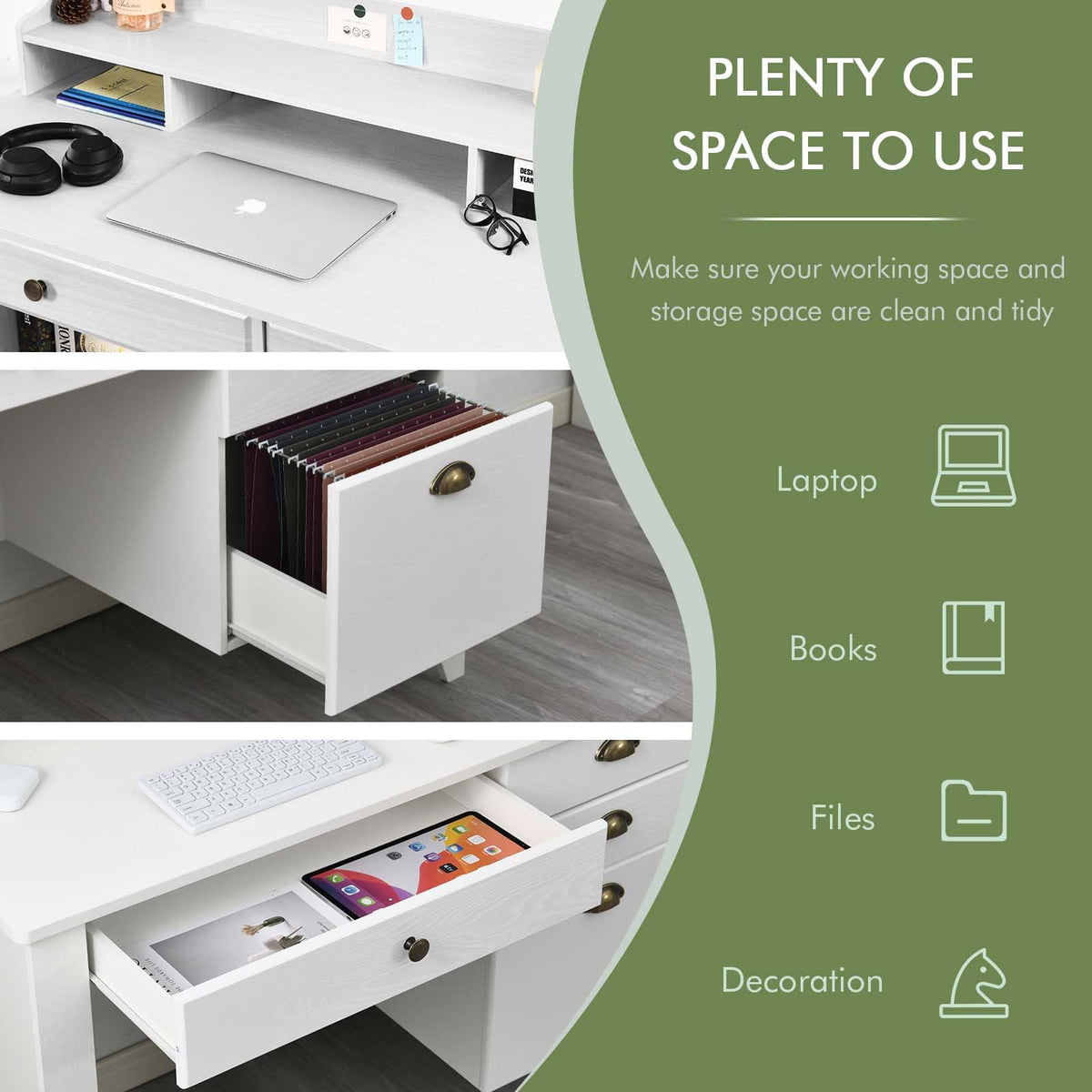 White Computer Desk with Drawers and Hutch O1369