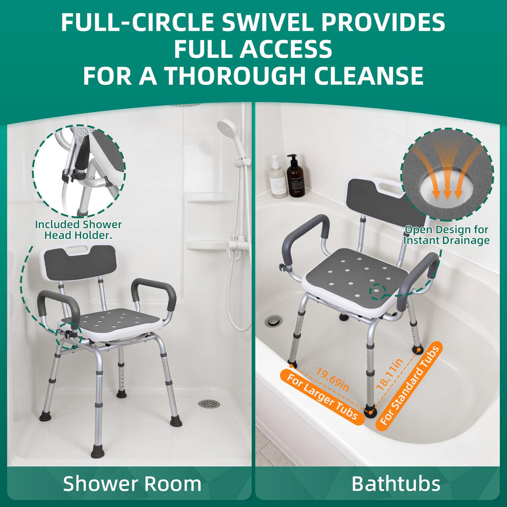 Swivel Shower Chair with Arms & Back, Heavy Duty Non-Slip Rotating Shower Bench Seat B254504