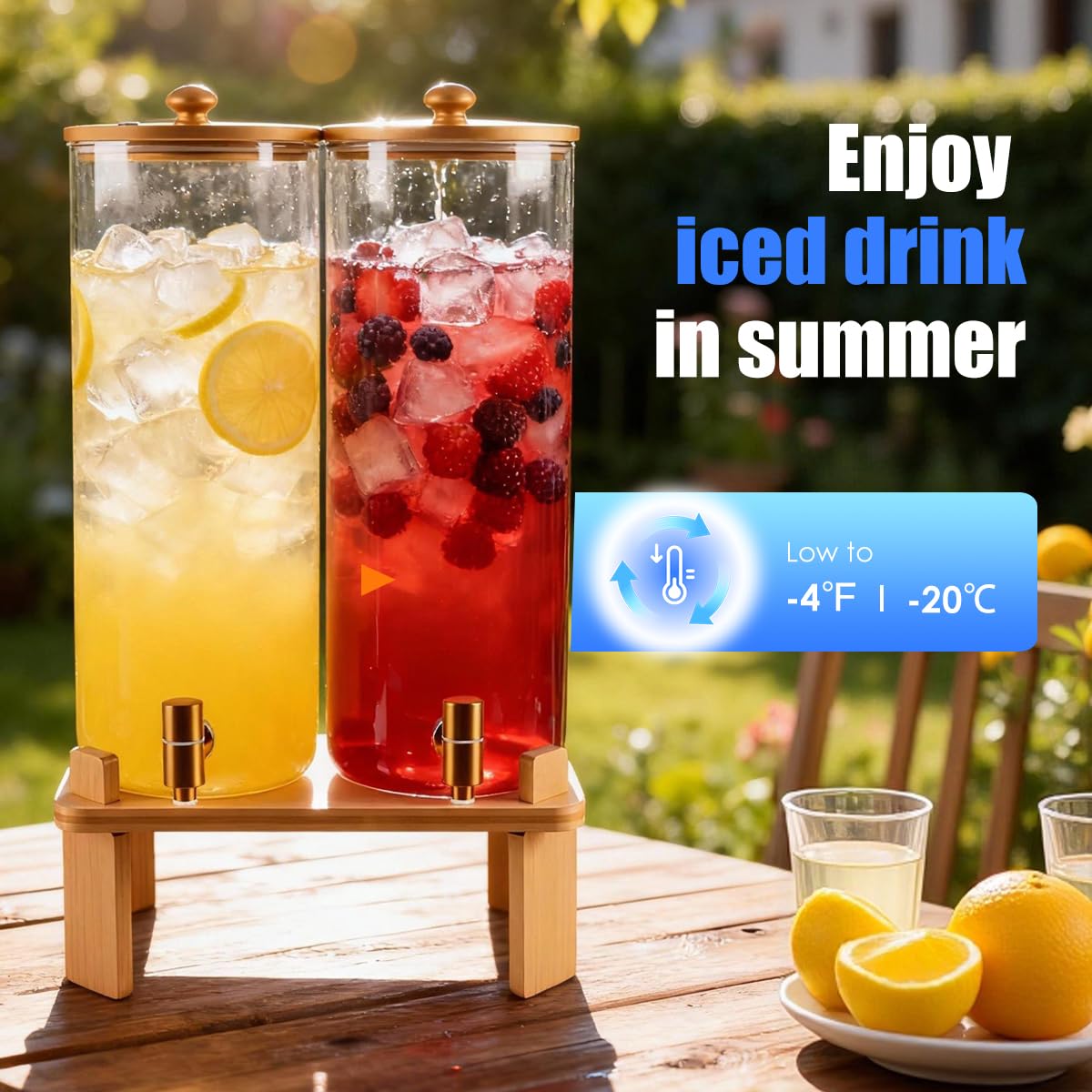 2 Gallon 2 Pack Glass Drink Dispenser with Wood Stand L8383