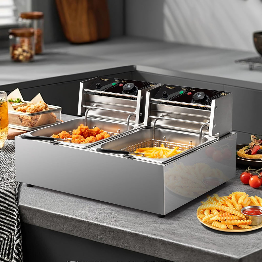 22.8QT Stainless Steel Electric Double Deep Fryer with Baskets & Lids L943936