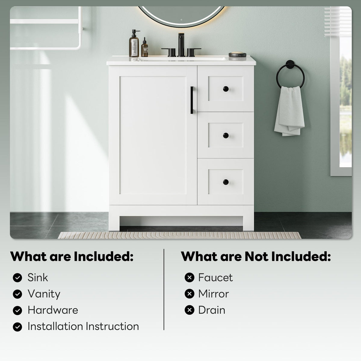 30" White Bathroom Vanity with Sink D3336