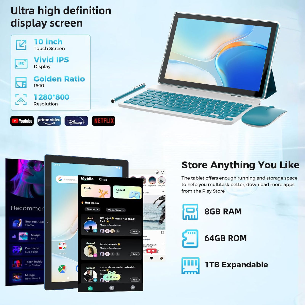 10 Inch Android Tablet with Keyboard Mouse Case Stylus K2510