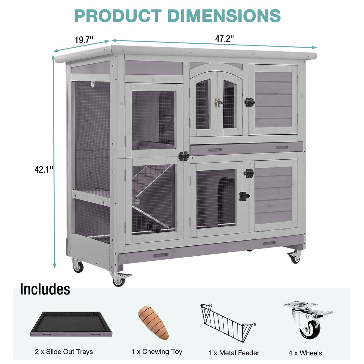 2-Tier Wooden Small Animal Cage with Trays, Wheels & Ramp C899