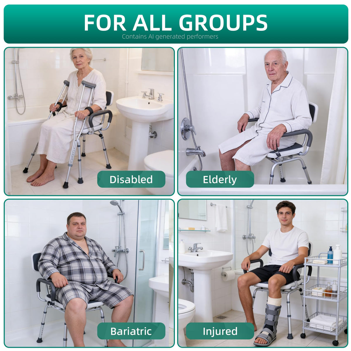 Swivel Shower Chair with Arms & Back, Heavy Duty Non-Slip Rotating Shower Bench Seat B254504