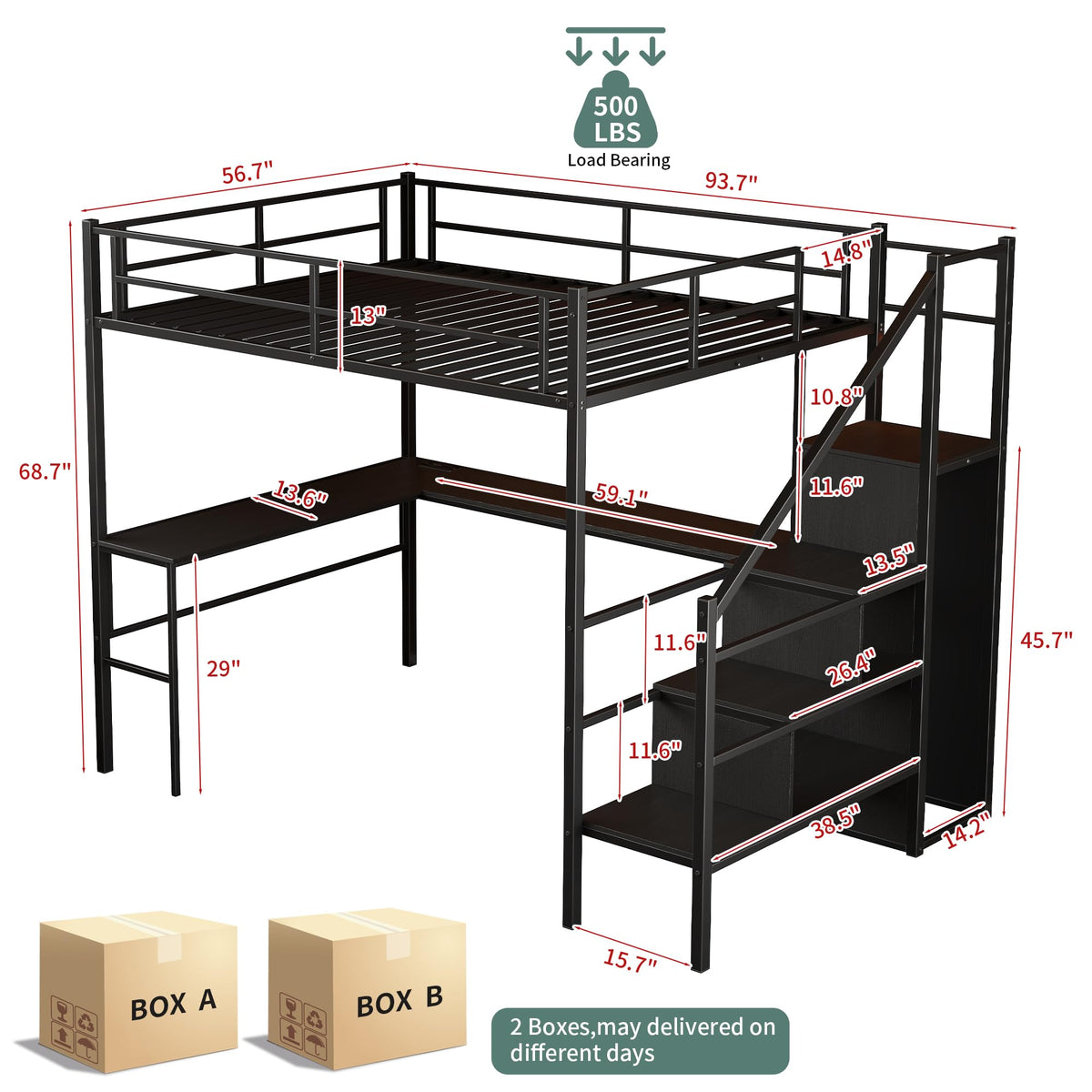 Full Size Metal Loft Bed with Desk & Storage Staircase K461