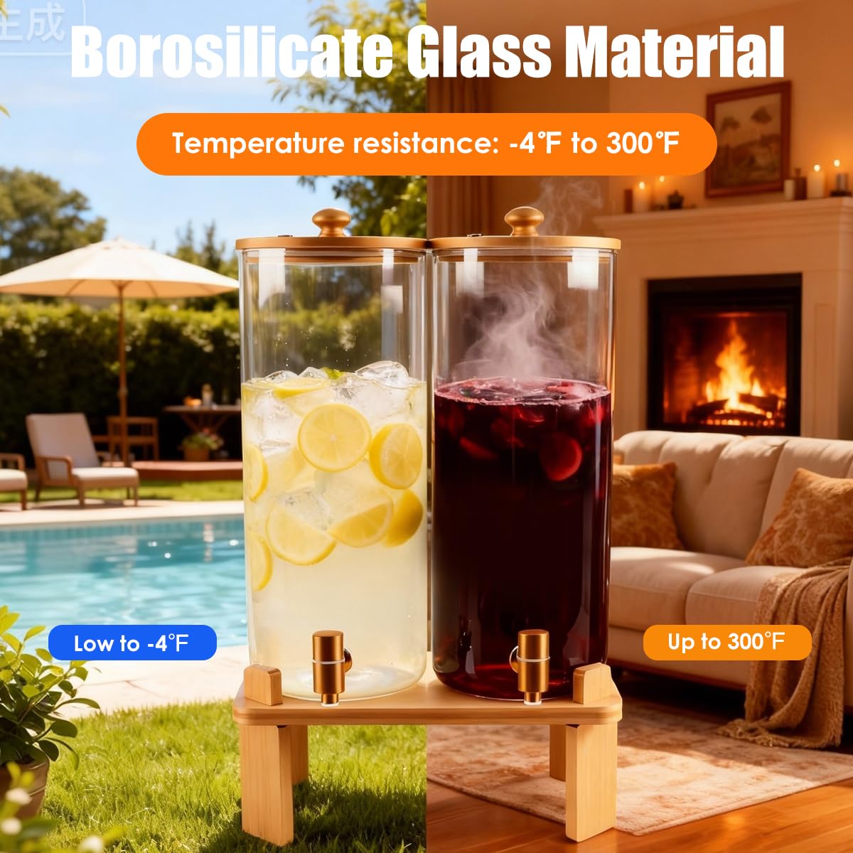 2 Gallon 2 Pack Glass Drink Dispenser with Wood Stand L8383