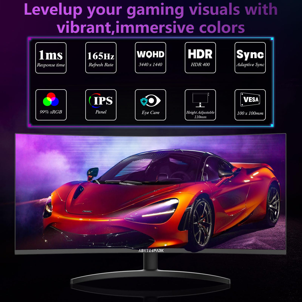 34 Inch Curved Ultra Wide WQHD Gaming Monitor 165Hz 1ms HDR400 T165