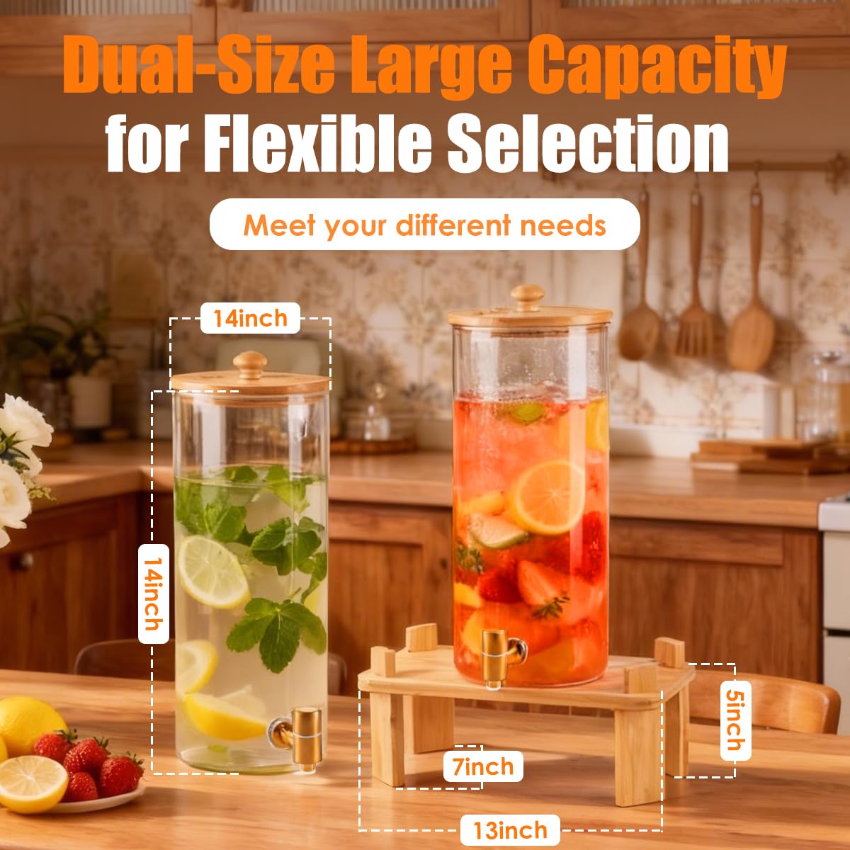 2 Gallon 2 Pack Glass Drink Dispenser with Wood Stand L8383