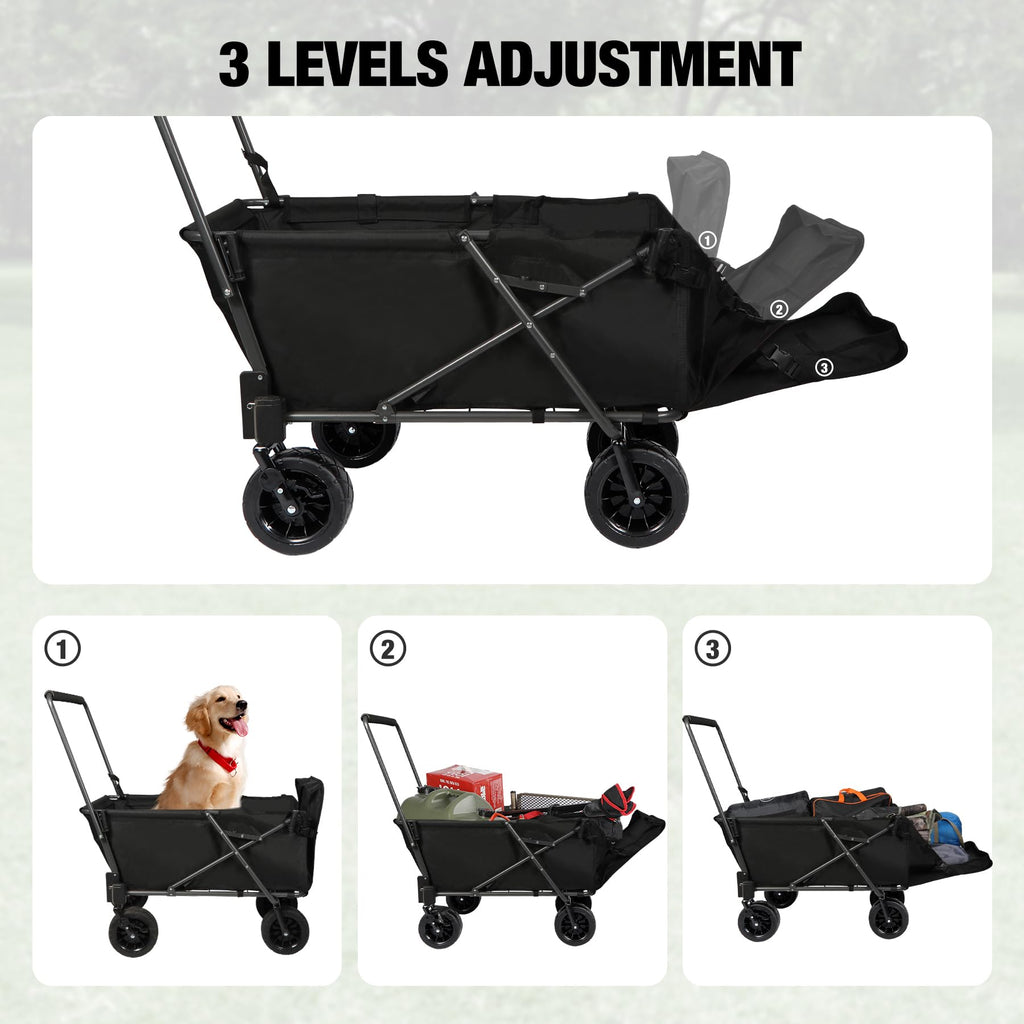 Folding Dog Wagon Cart with Extendable Rear End, 220L Collapsible Utility Cart, Black X681509