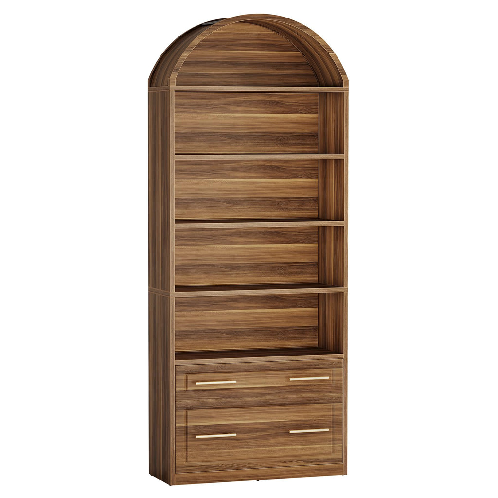 76.8" Tall Arched Bookcase with File Cabinet Drawer, Walnut Brown N416