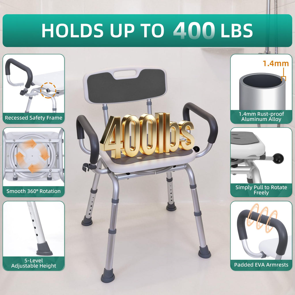 Swivel Shower Chair with Arms & Back, Heavy Duty Non-Slip Rotating Shower Bench Seat B254504