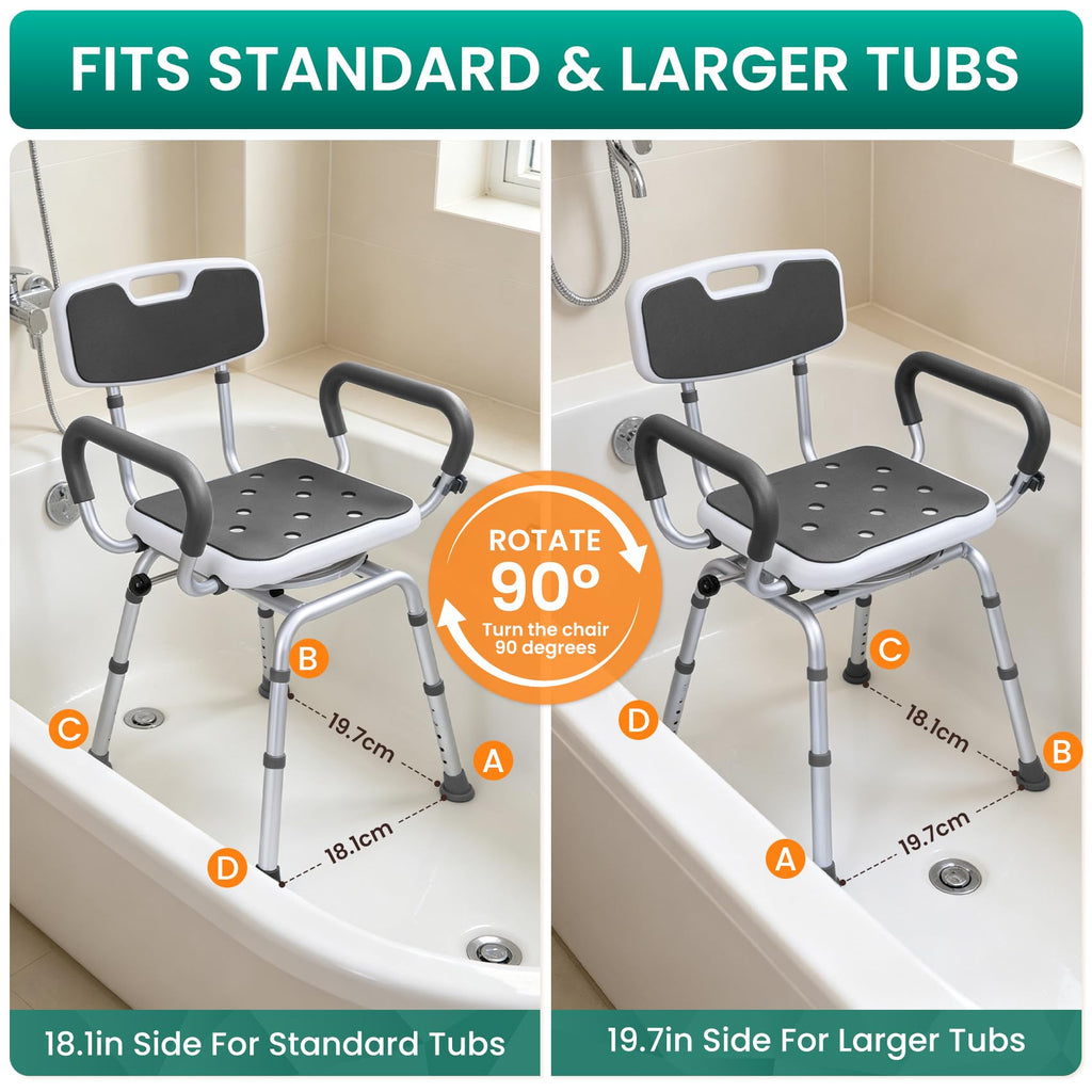 Swivel Shower Chair with Arms & Back, Heavy Duty Non-Slip Rotating Shower Bench Seat B254504