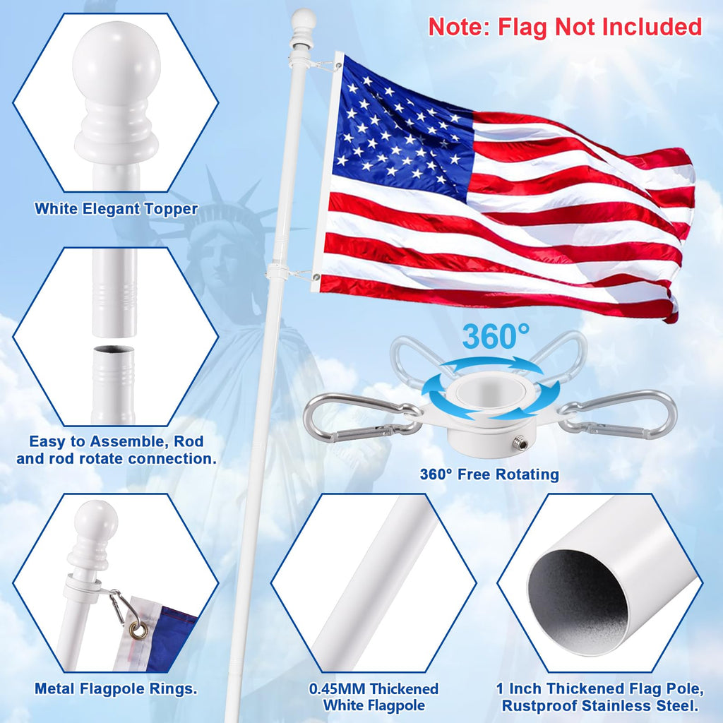 White 5 FT Stainless Steel Wall Mount Flag Pole Kit with 360° Rotating Rings A5985