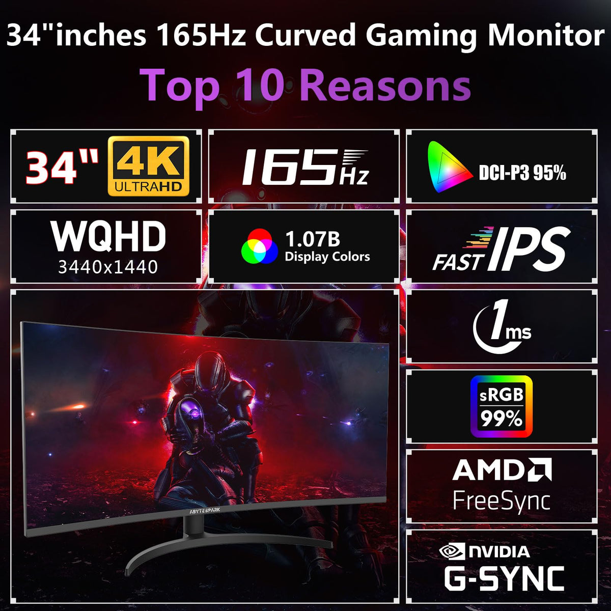34 Inch Curved Ultra Wide WQHD Gaming Monitor 165Hz 1ms HDR400 T165