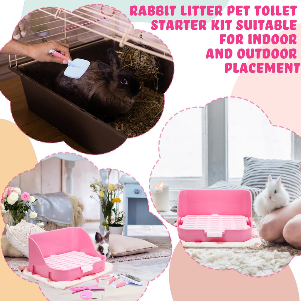 15 Pcs Rabbit Starter Kit Litter Box Grooming Kit Toys Bowl Blankets Cleaning Set Pink B556
