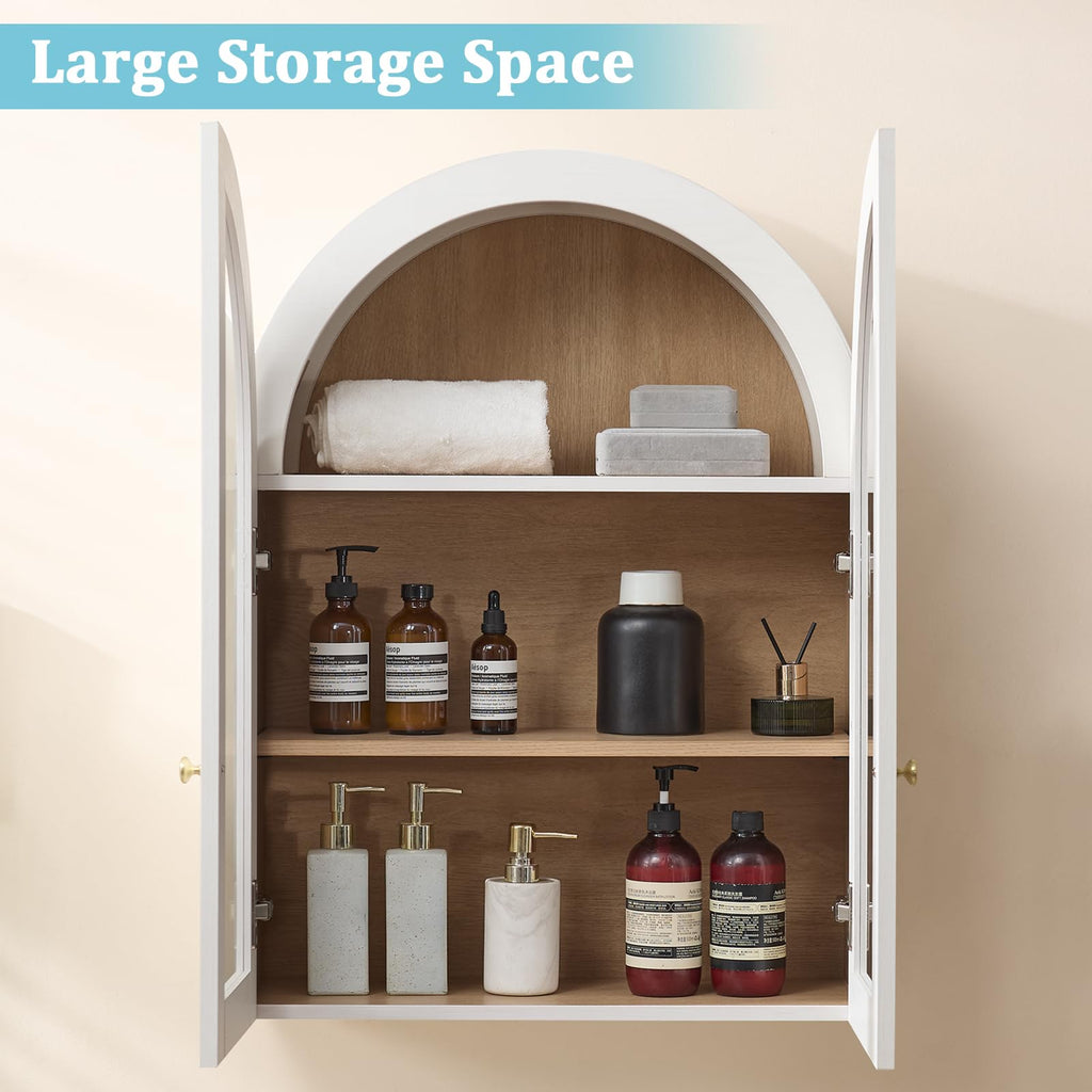 White Arched Wall Mount Bathroom Cabinet with Glass Doors M551