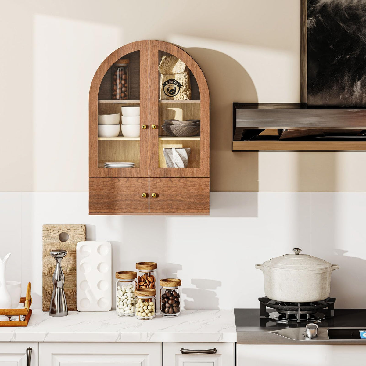 Arched Wall Cabinet with Glass Doors and Adjustable Shelves F22870