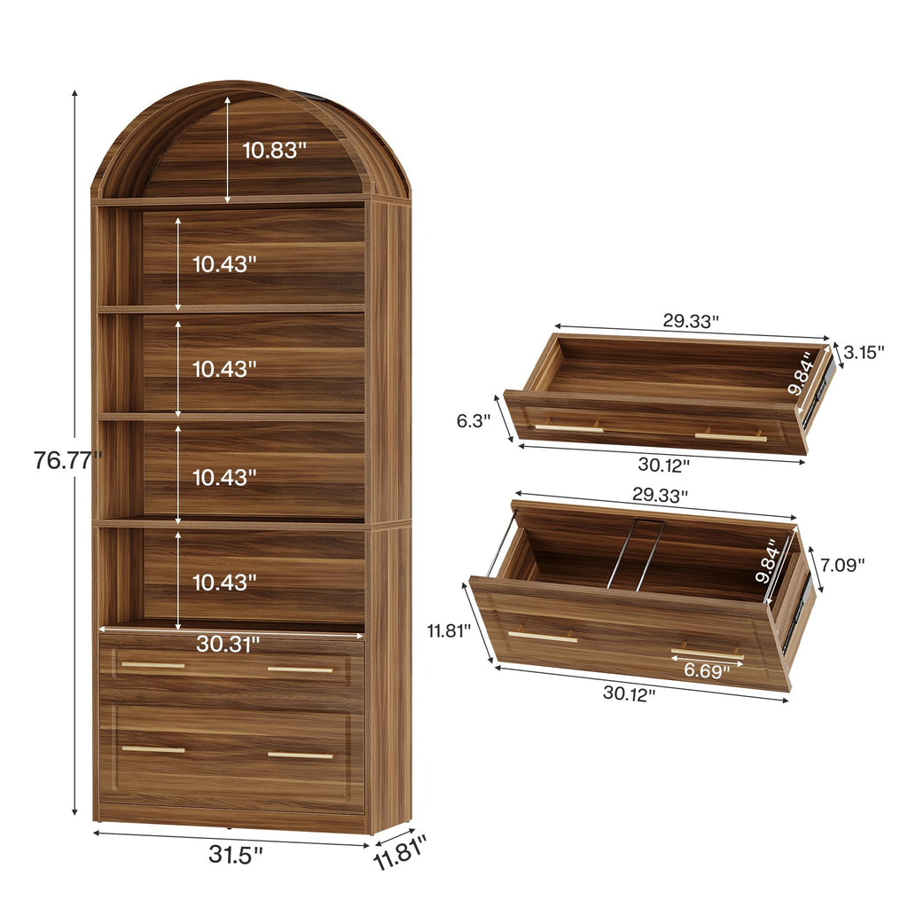 76.8" Tall Arched Bookcase with File Cabinet Drawer, Walnut Brown N416