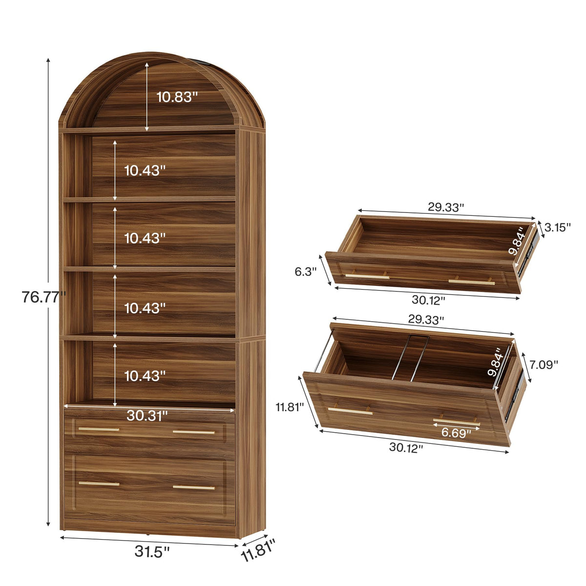 76.8" Tall Arched Bookcase with File Cabinet Drawer, Walnut Brown N416