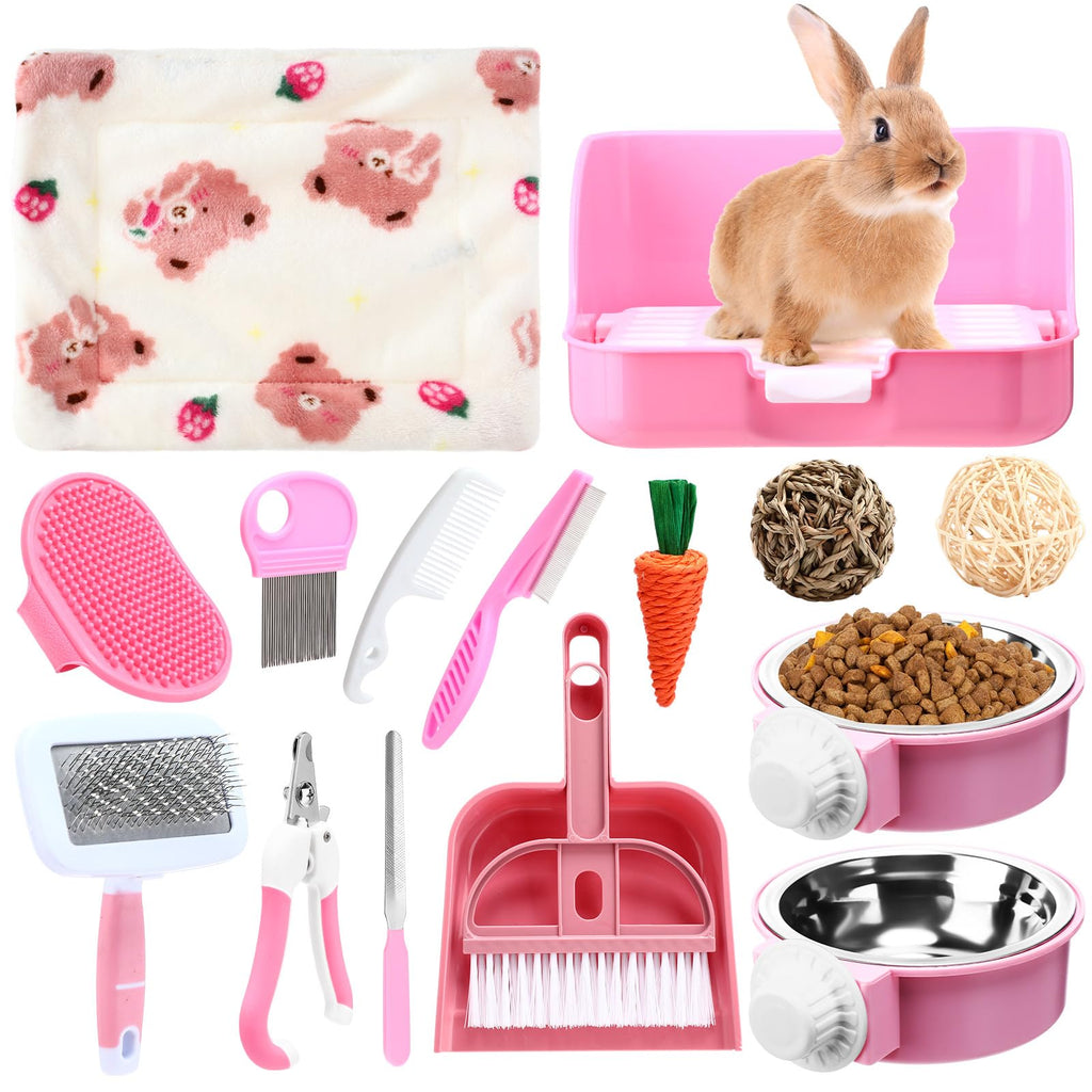 15 Pcs Rabbit Starter Kit Litter Box Grooming Kit Toys Bowl Blankets Cleaning Set Pink B556