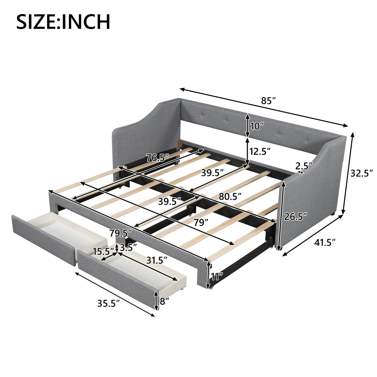 Upholstered Twin XL to King Size Daybed with Pop Up Trundle Z881