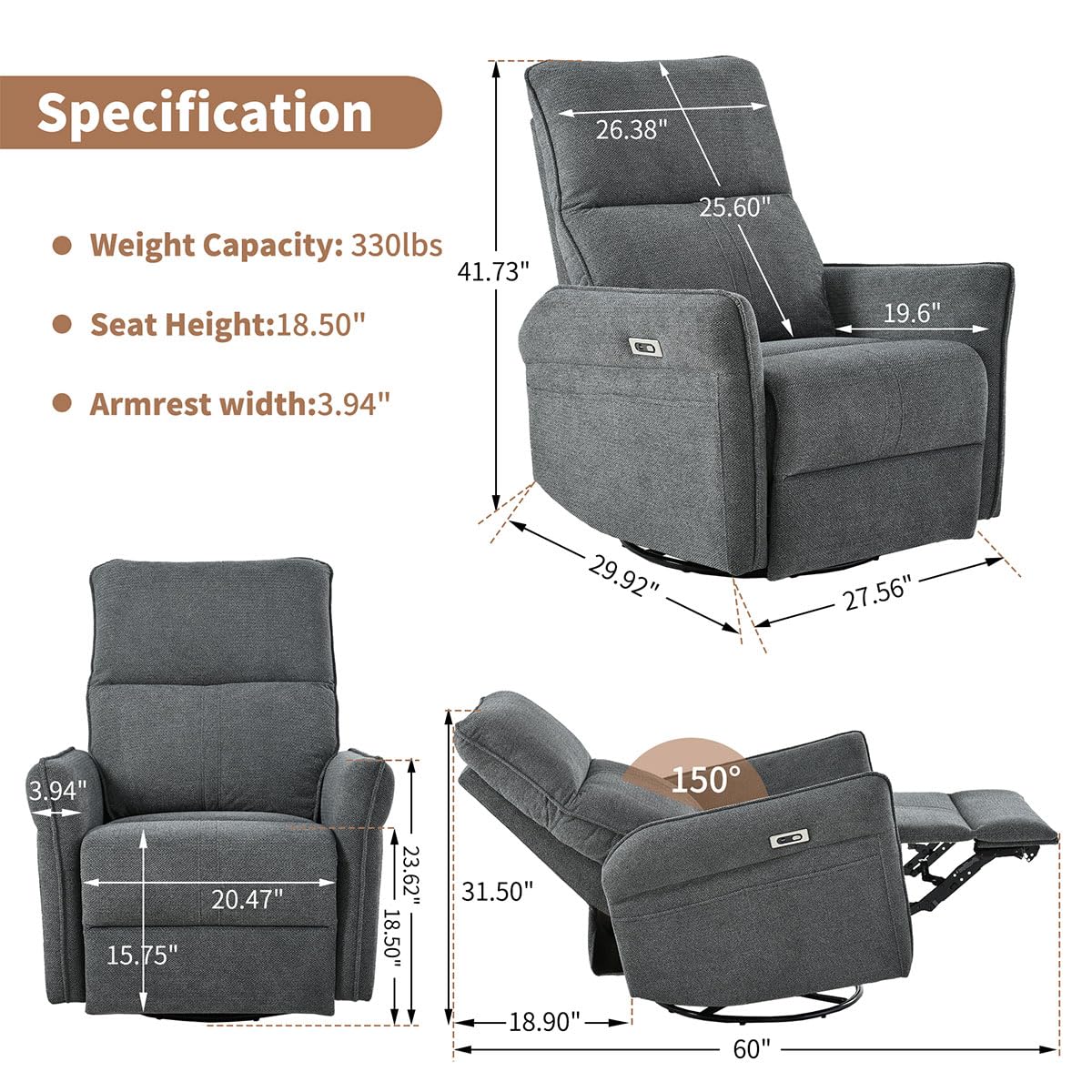 Power Swivel Rocker Recliner Chair with USB, Dark Gray W46530