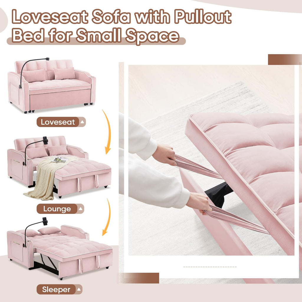 Pink Velvet Convertible Sleeper Sofa Bed U104819
