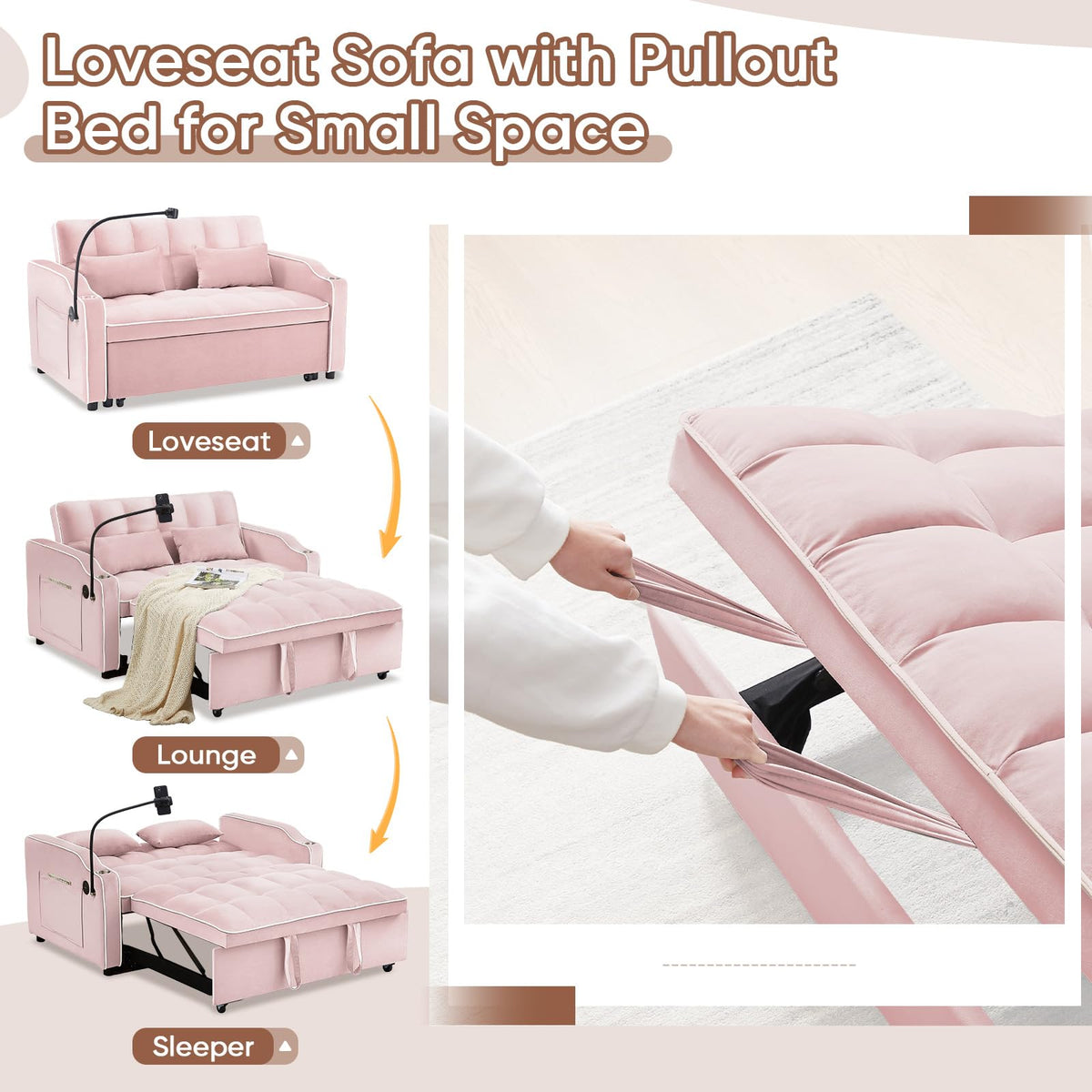 Pink Velvet Convertible Sleeper Sofa Bed U104819