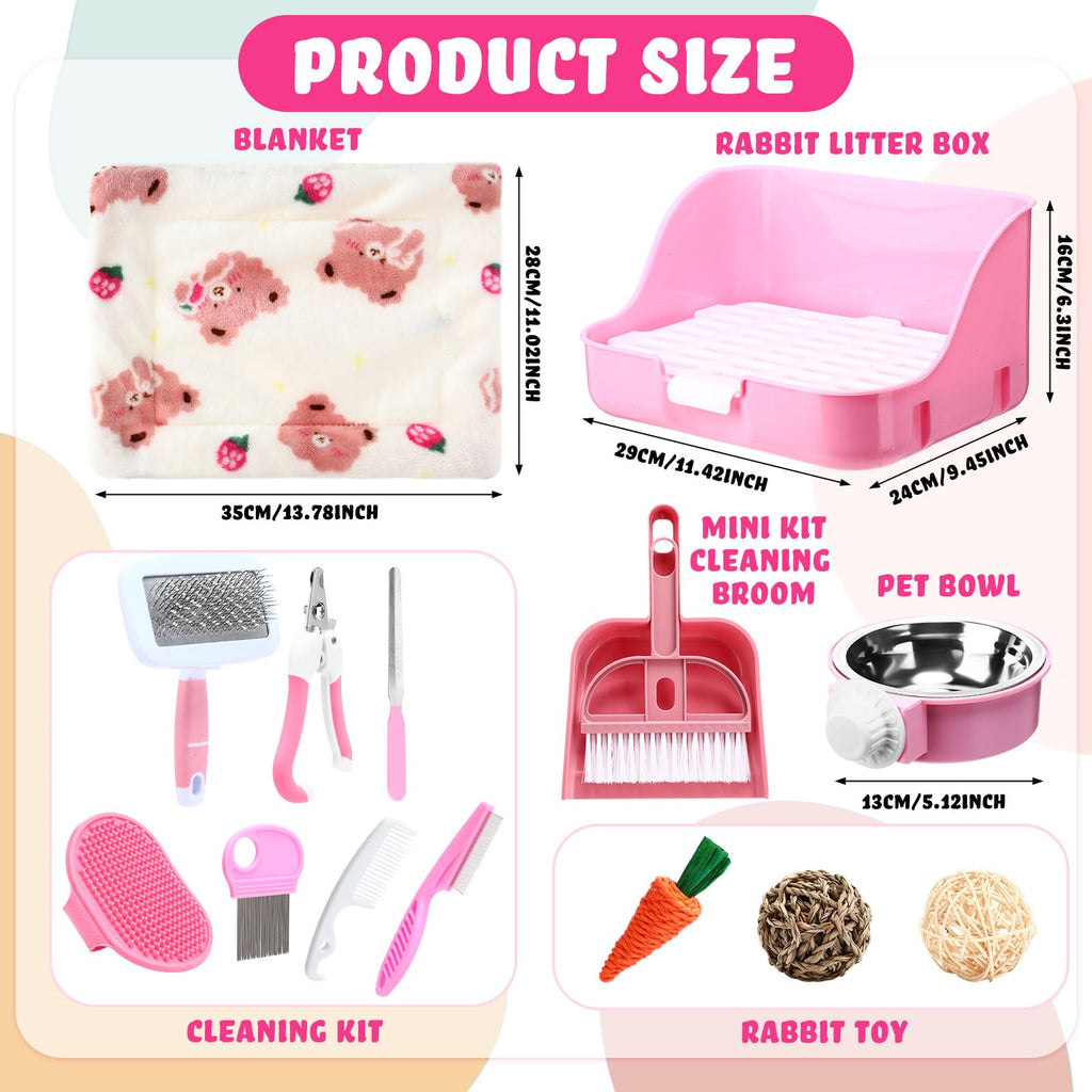 15 Pcs Rabbit Starter Kit Litter Box Grooming Kit Toys Bowl Blankets Cleaning Set Pink B556