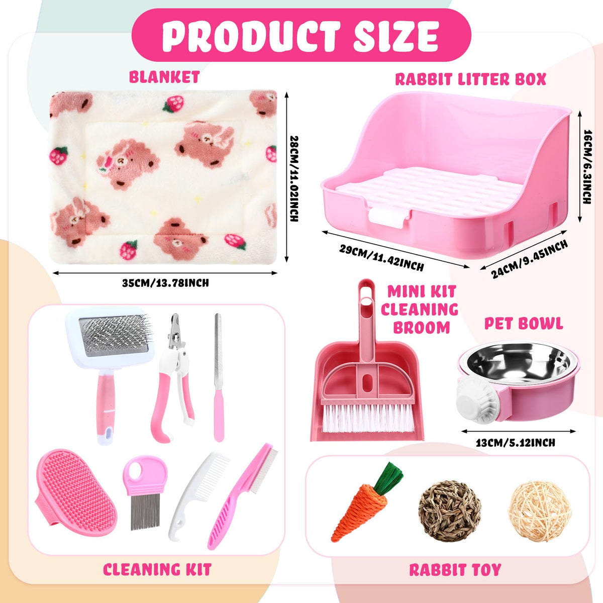 15 Pcs Rabbit Starter Kit Litter Box Grooming Kit Toys Bowl Blankets Cleaning Set Pink B556
