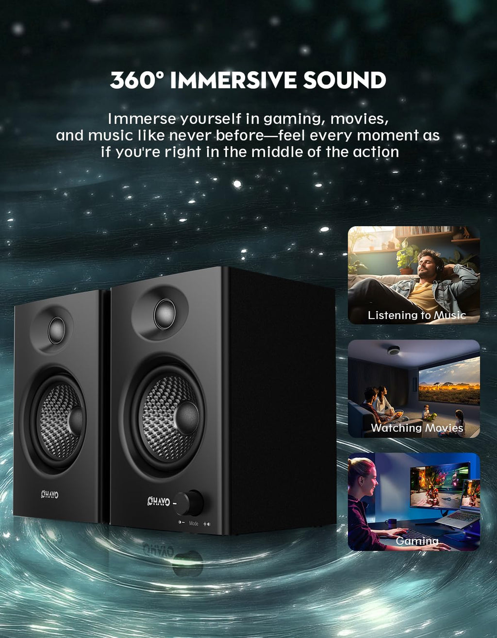 60W Bluetooth 5.3 Stereo 2.0 Computer Speakers 1 Pair Black N754