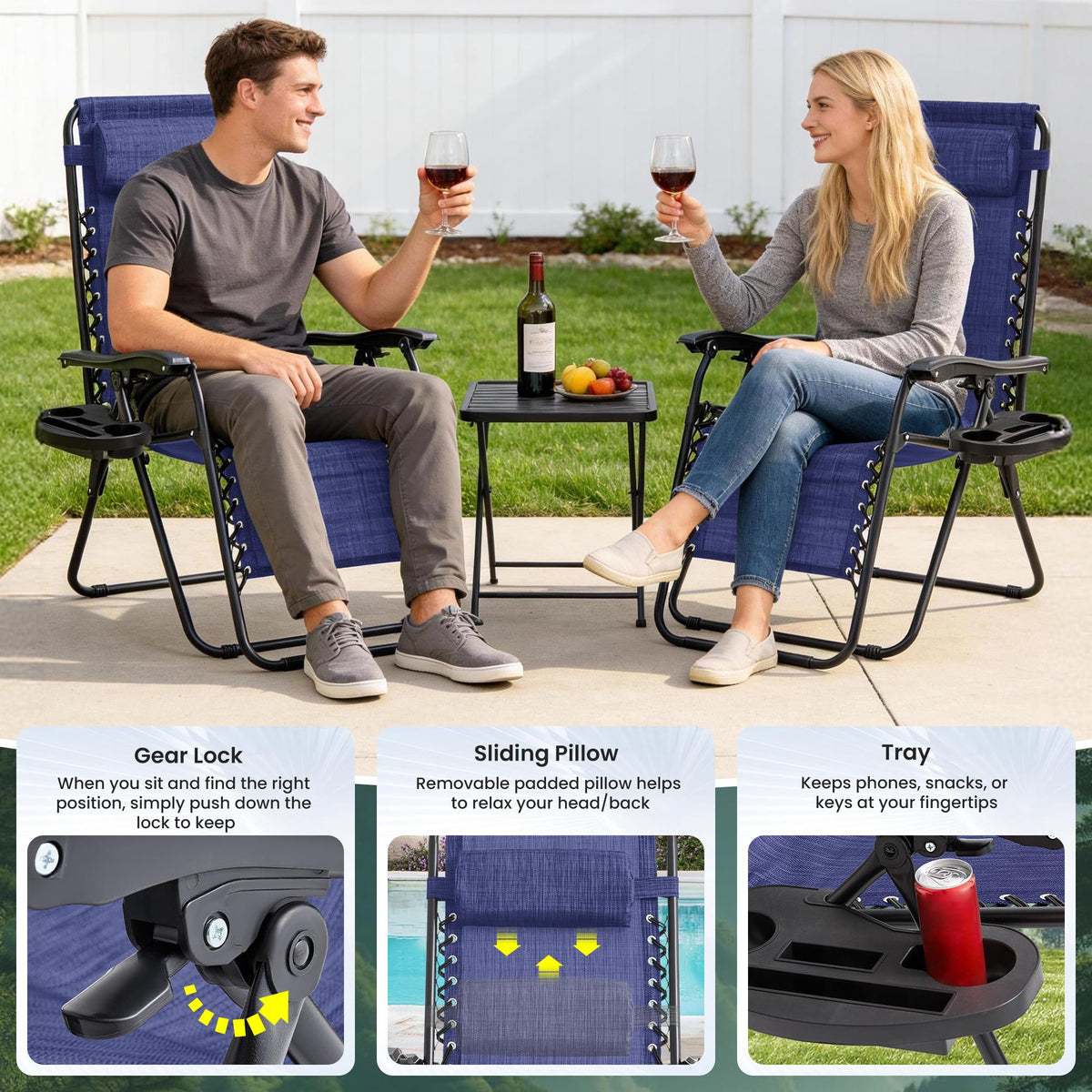 2 Pack Blue 7-Position Adjustable Zero Gravity Chairs with Tray Y516957