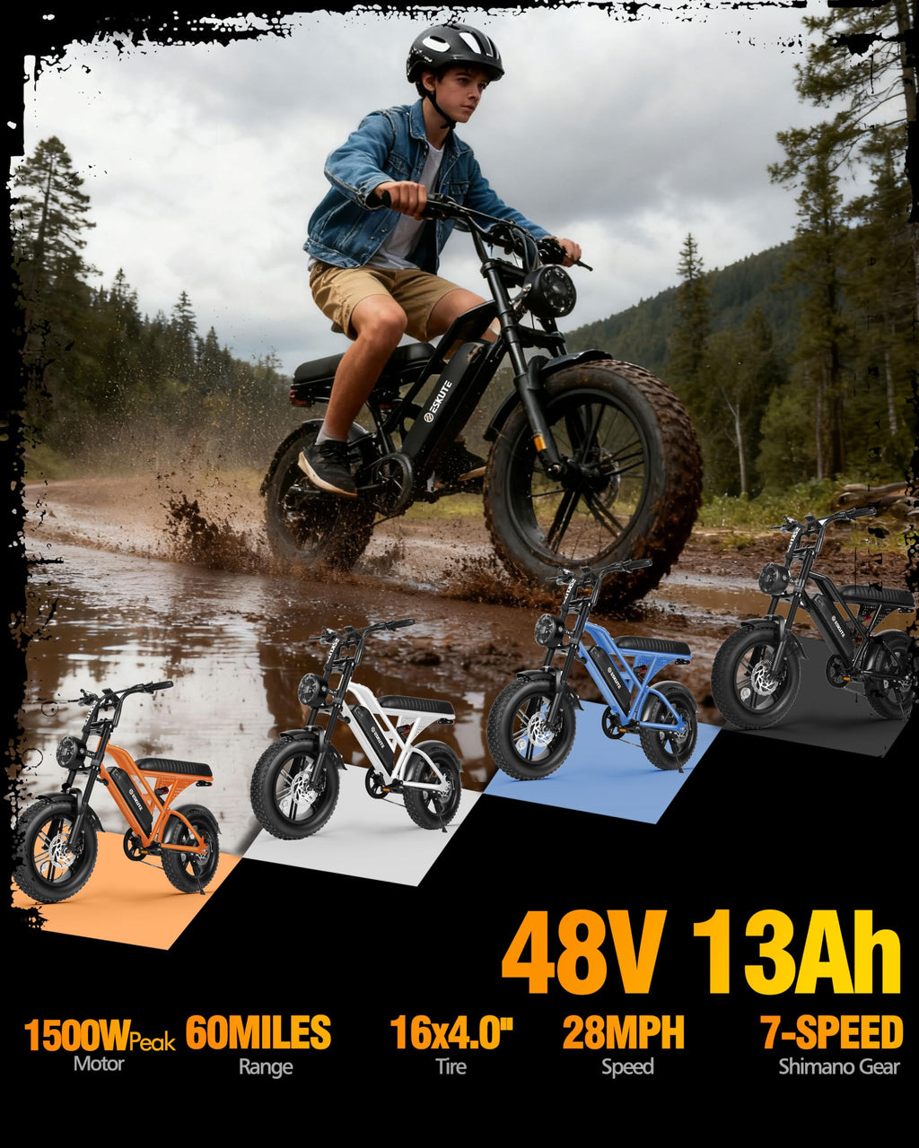 Electric Bike 1500W Peak Motor 48V 13Ah Battery 16"x4.0" Fat Tire Blue A6749