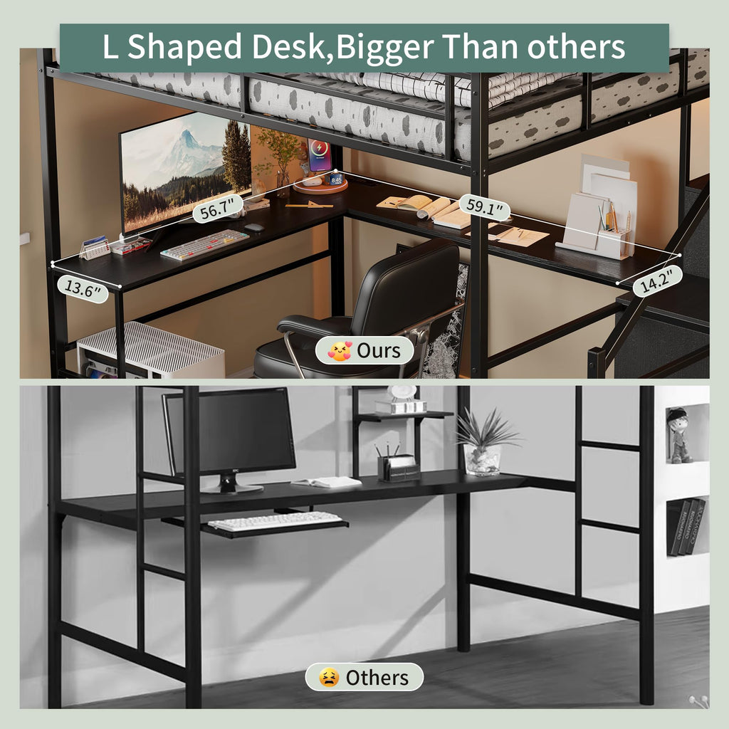 Full Size Metal Loft Bed with Desk & Storage Staircase K461