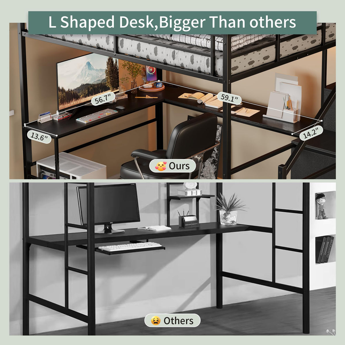 Full Size Metal Loft Bed with Desk & Storage Staircase K461