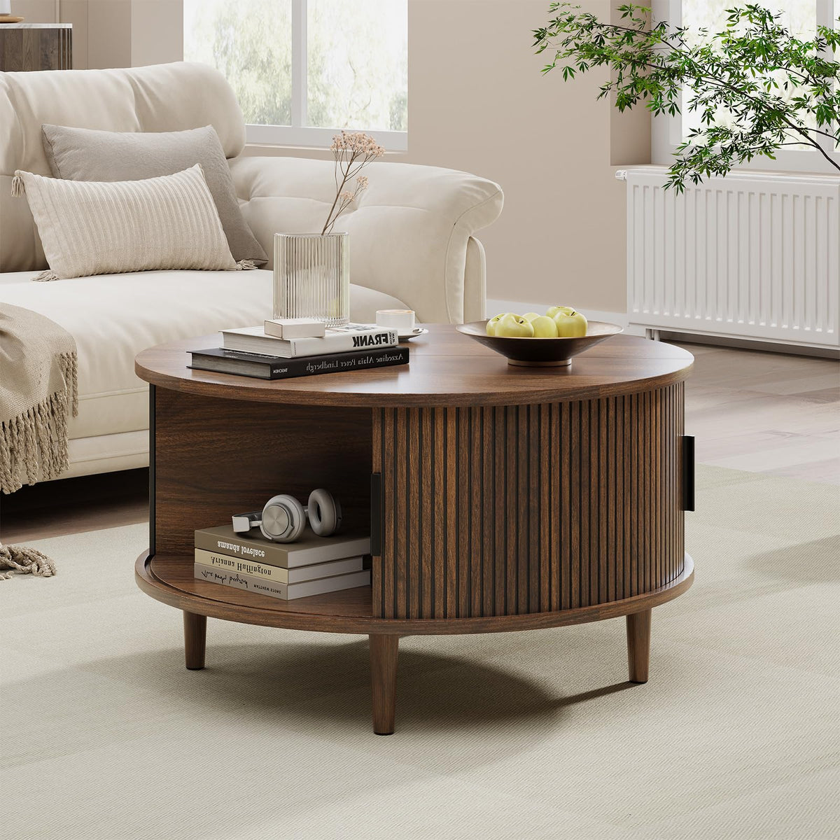 Round Coffee Table with Storage, 31.5", Walnut U379096