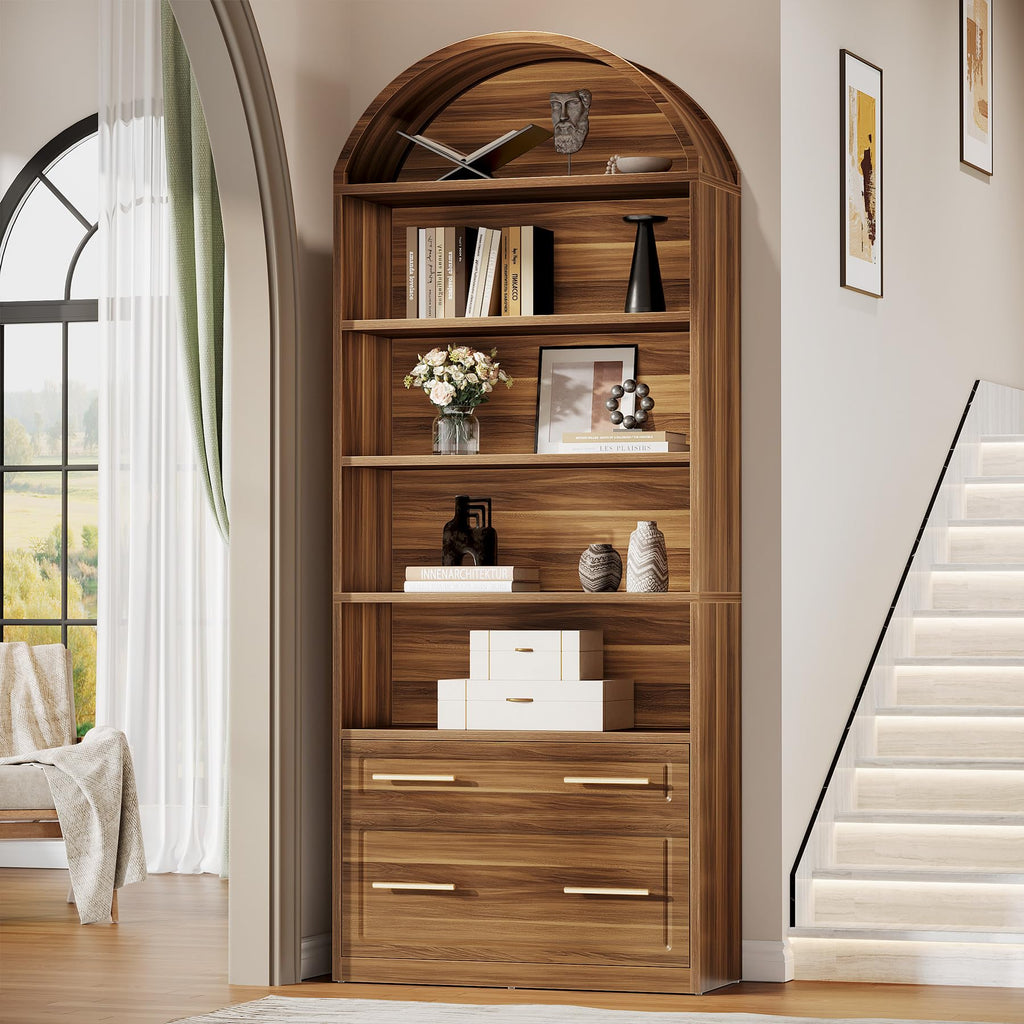 76.8" Tall Arched Bookcase with File Cabinet Drawer, Walnut Brown N416