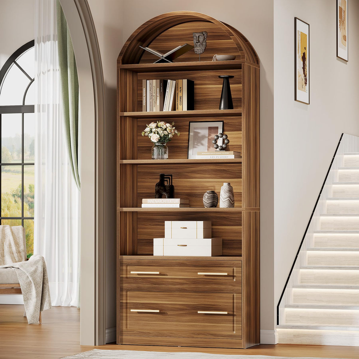 76.8" Tall Arched Bookcase with File Cabinet Drawer, Walnut Brown N416