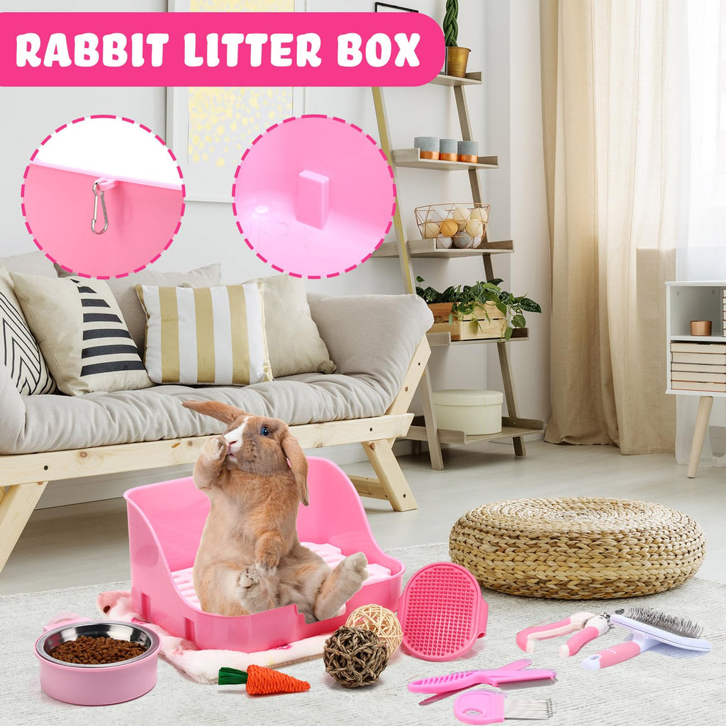 15 Pcs Rabbit Starter Kit Litter Box Grooming Kit Toys Bowl Blankets Cleaning Set Pink B556