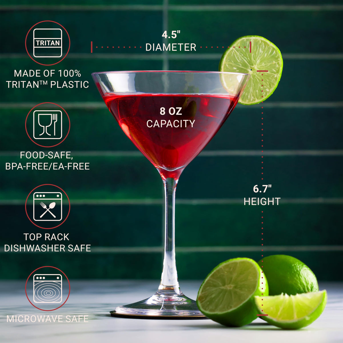Unbreakable Plastic Martini Glasses, 8 oz Set of 6 A3902