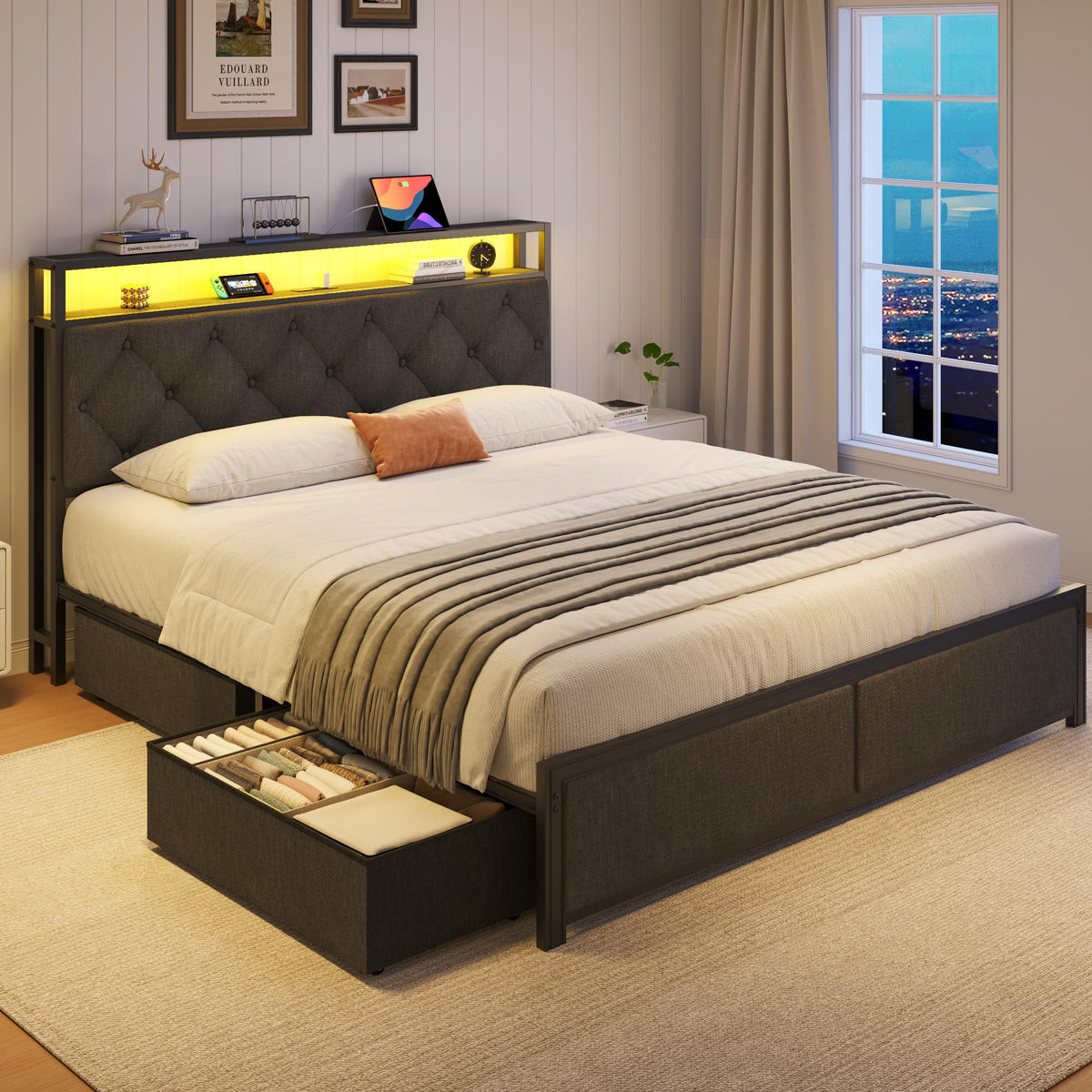 Queen Size Upholstered Bed Frame with 4 Drawers and Storage Headboard Y830892