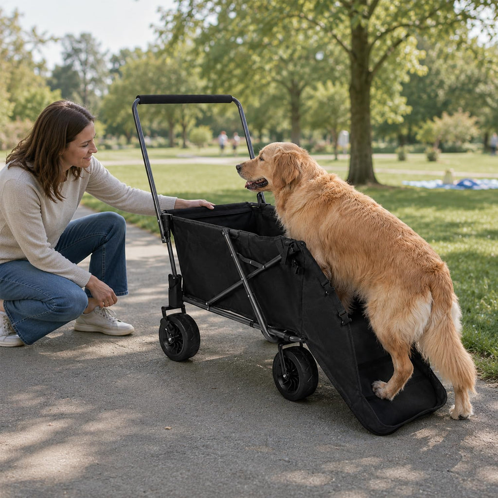 Folding Dog Wagon Cart with Extendable Rear End, 220L Collapsible Utility Cart, Black X681509