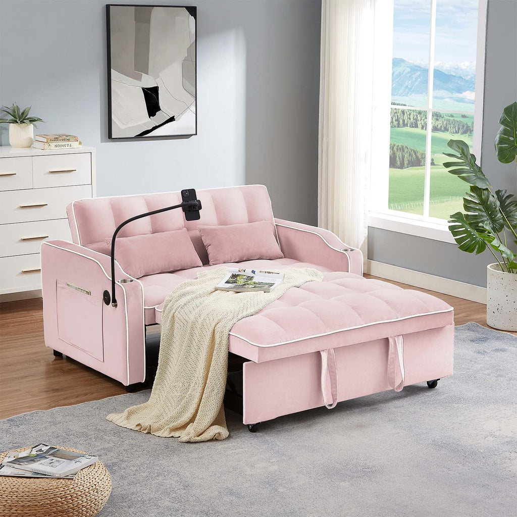 Pink Velvet Convertible Sleeper Sofa Bed U104819