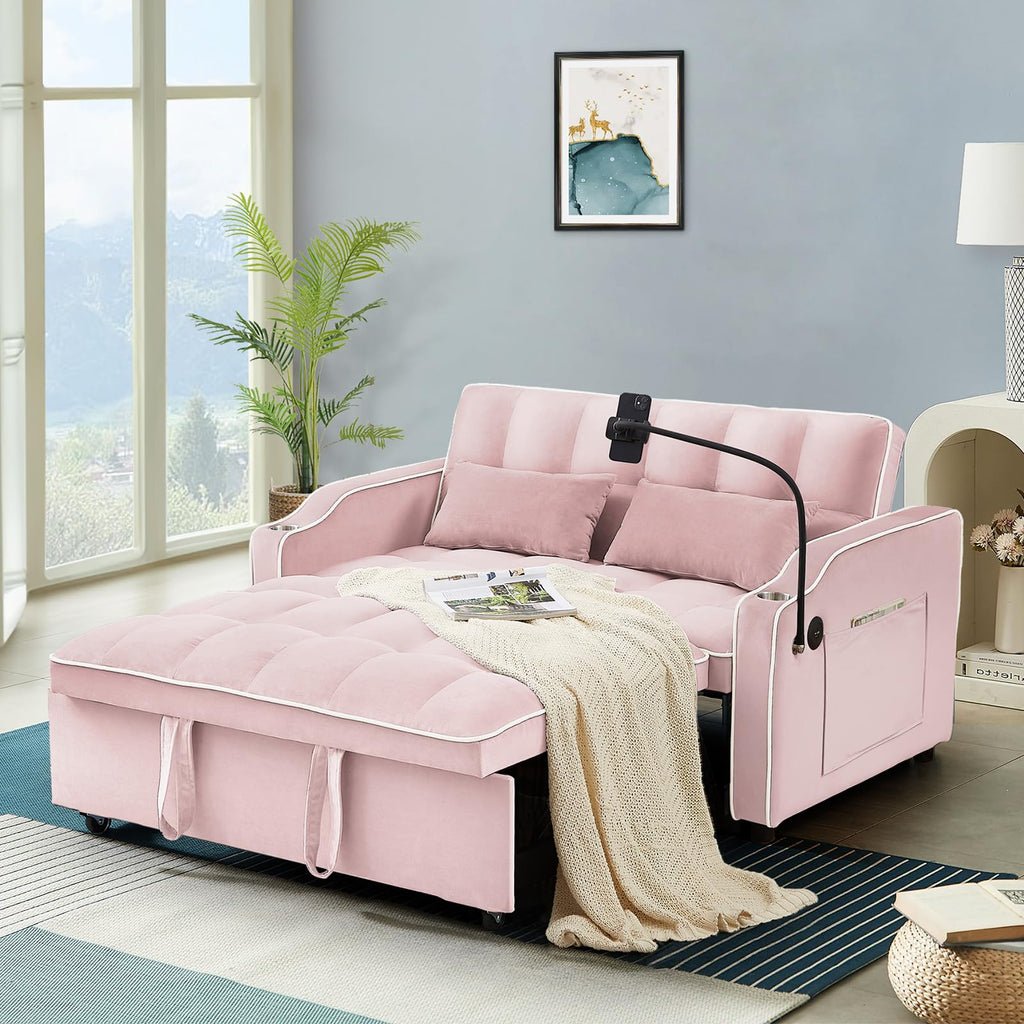 Pink Velvet Convertible Sleeper Sofa Bed U104819