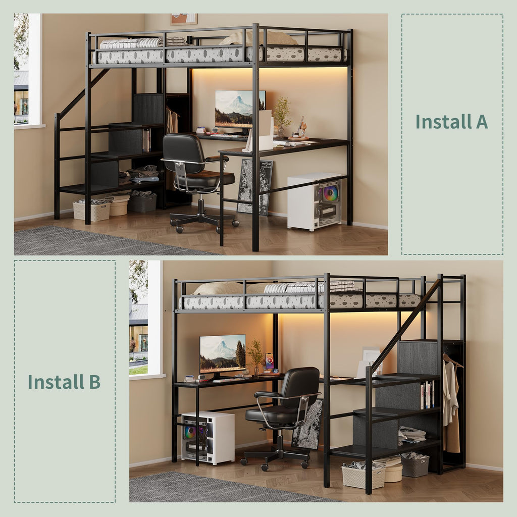 Full Size Metal Loft Bed with Desk & Storage Staircase K461
